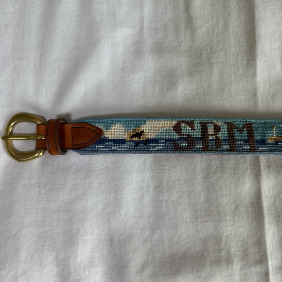 Hand Stitched Needlepoint & Leather Nautical Scene Size 30 Beige Initials SBM - Picture 1 of 9